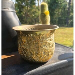 Vintage Embossed Brass Planter Medium Grape Leaf Design Boho Decor India Style